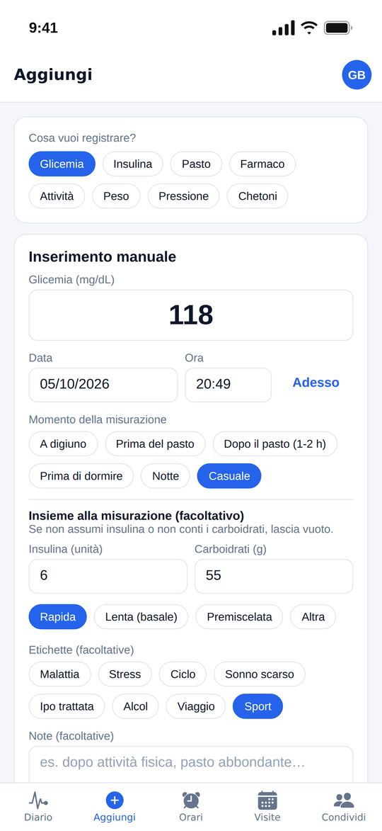 Nuova misurazione con insulina e carboidrati